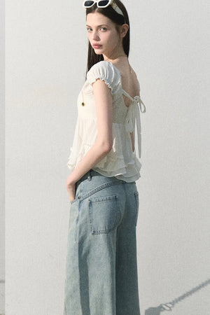 Vintage Distressed Cotton Wide-Leg Pants
