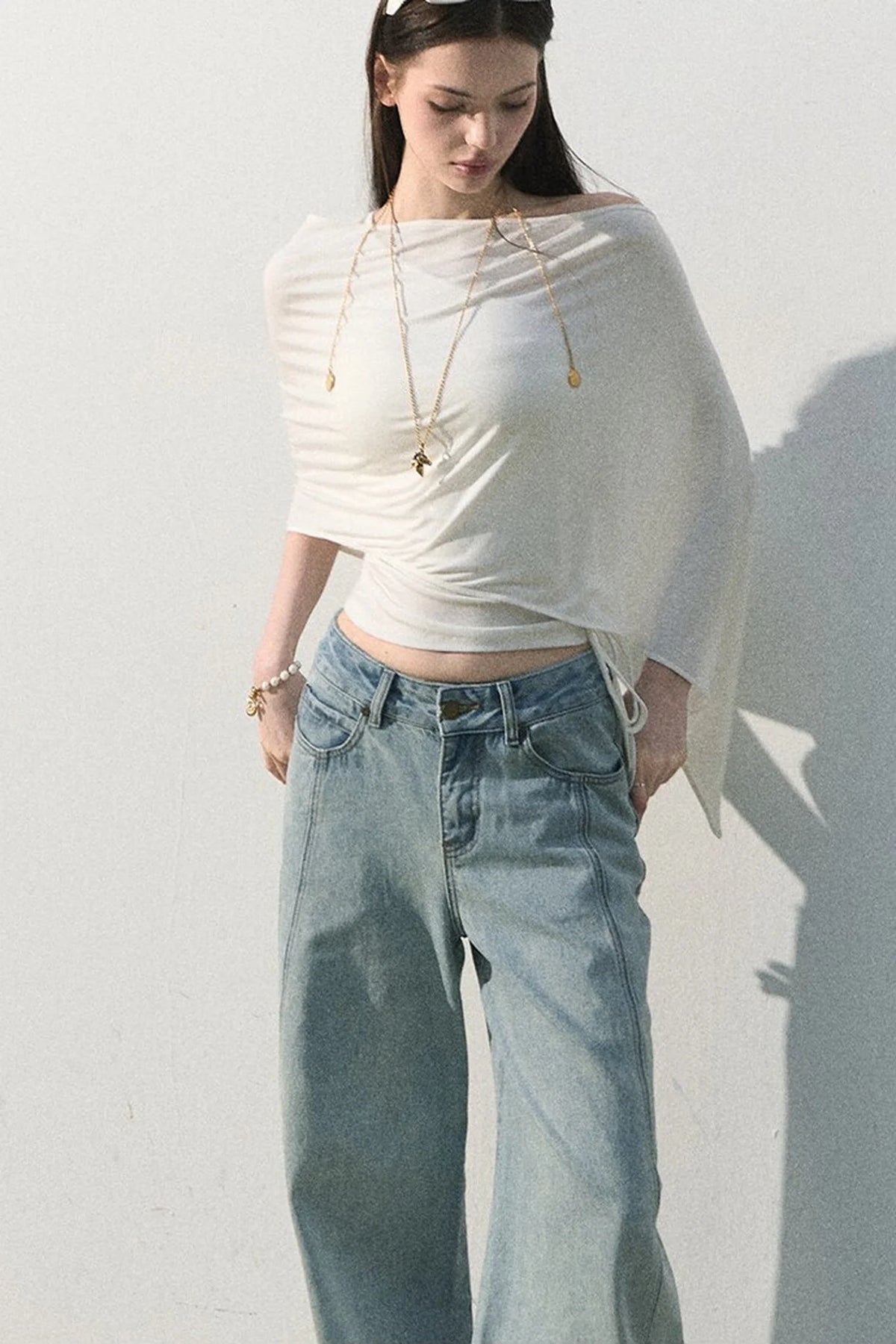 Vintage Distressed Cotton Wide-Leg Pants