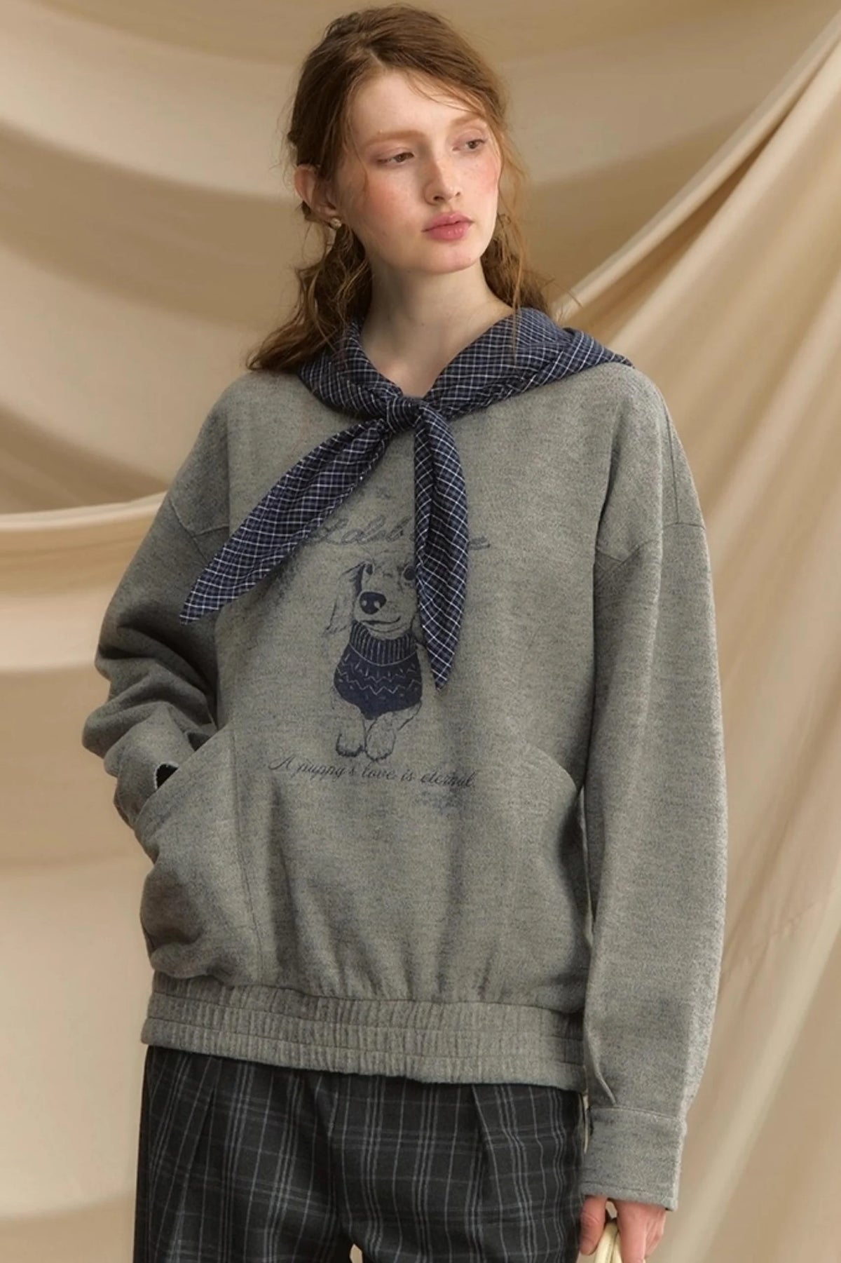 Vintage Dog Print Hooded Pullover Top