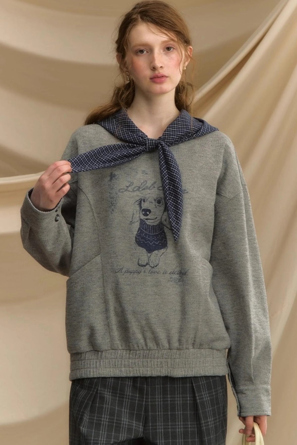 Vintage Dog Print Hooded Pullover Top