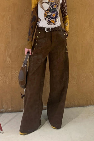 Vintage Embroidered Leather Straight-Leg Pants