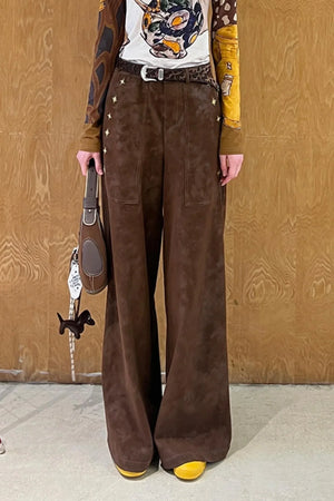 Vintage Embroidered Leather Straight-Leg Pants