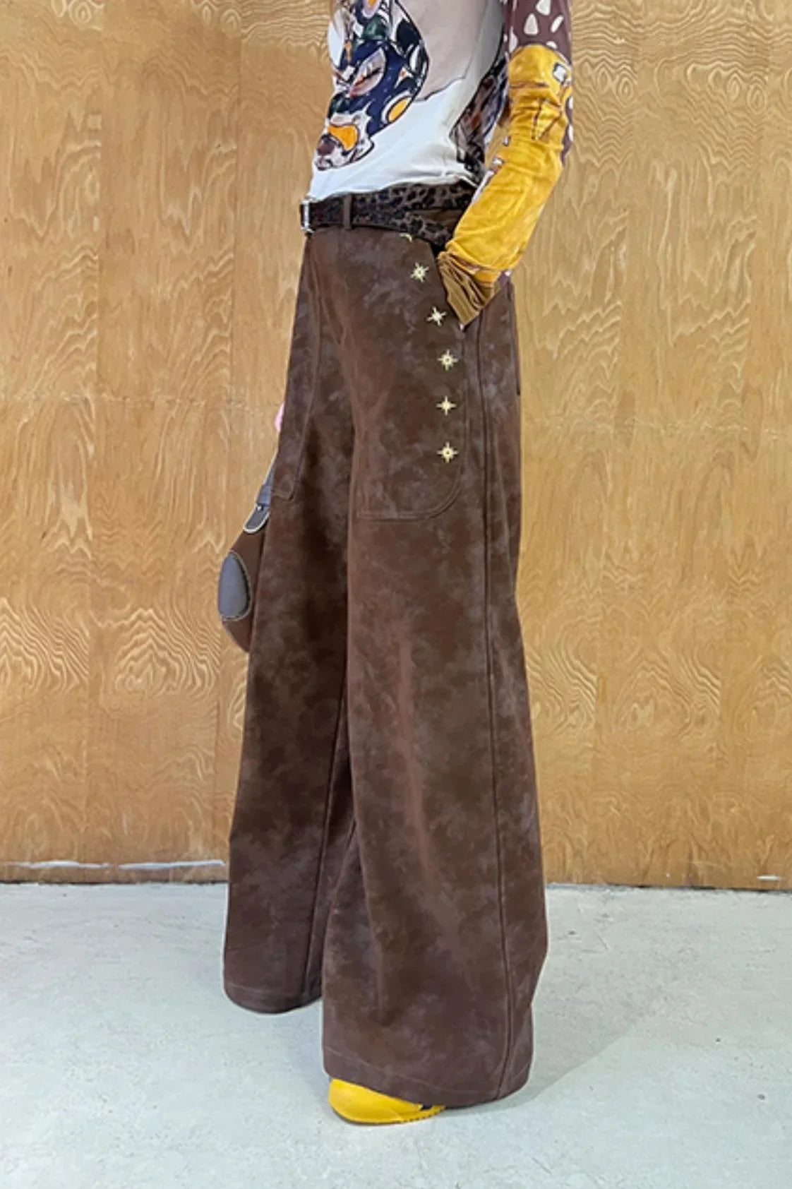 Vintage Embroidered Leather Straight-Leg Pants