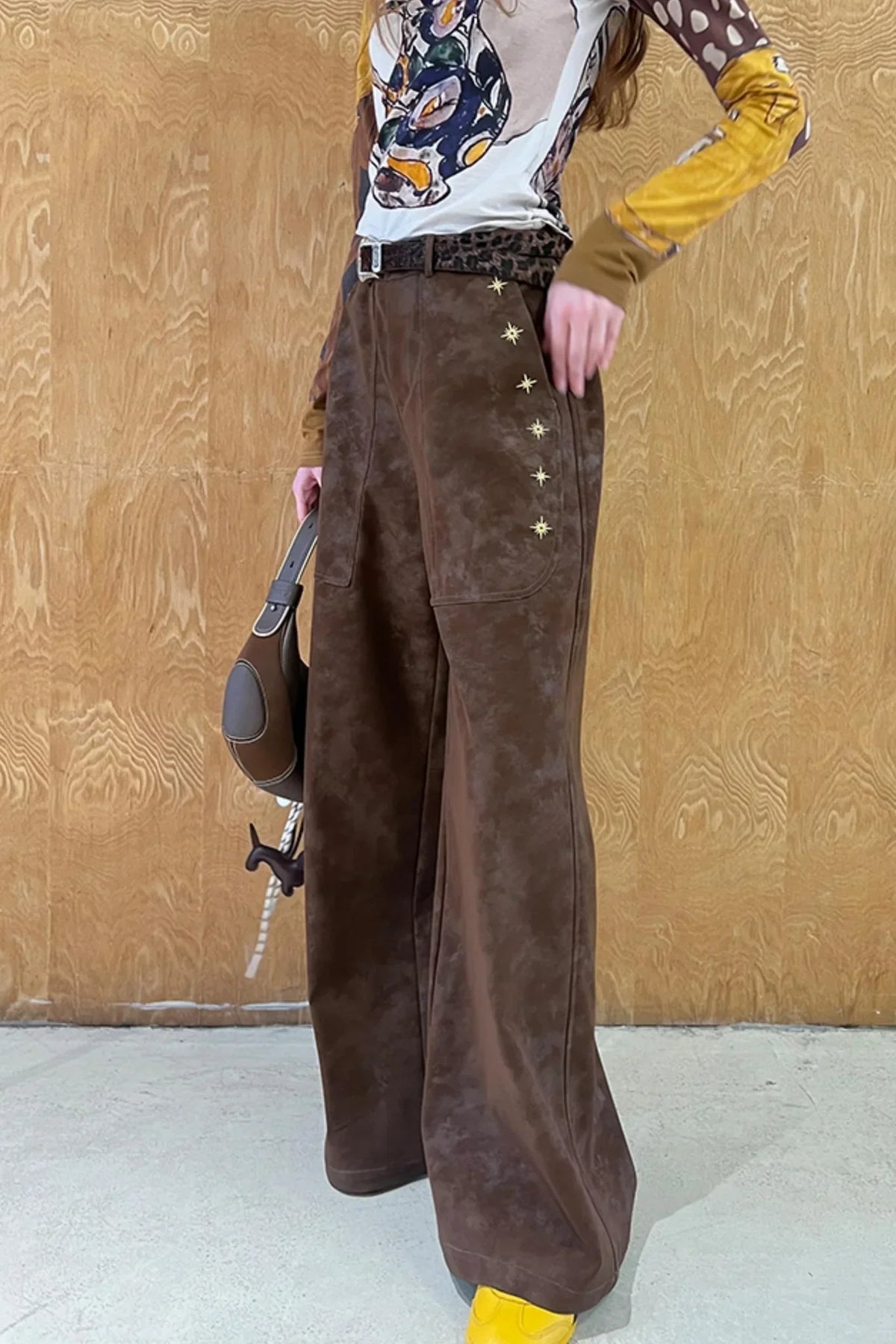 Vintage Embroidered Leather Straight-Leg Pants