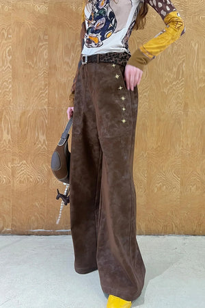 Vintage Embroidered Leather Straight-Leg Pants