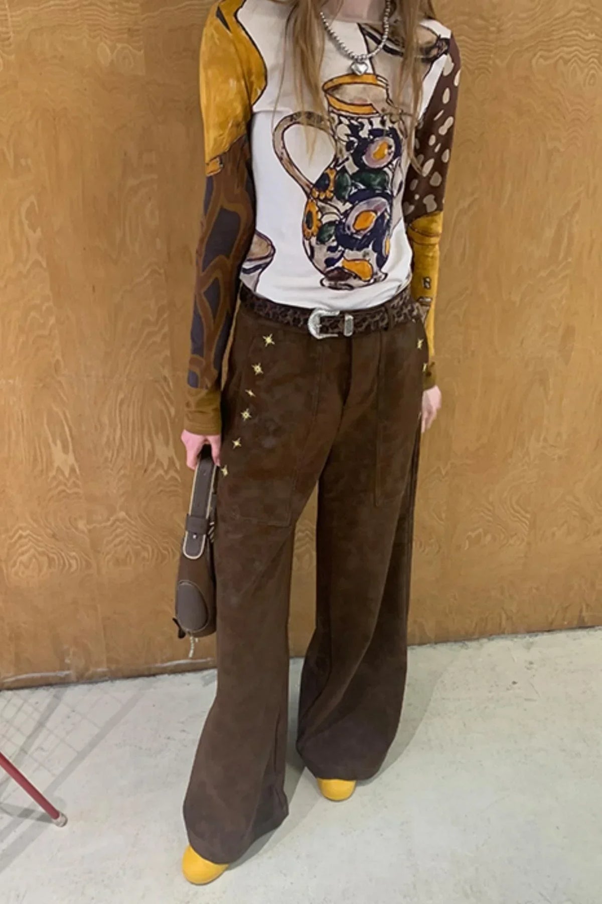 Vintage Embroidered Leather Straight-Leg Pants