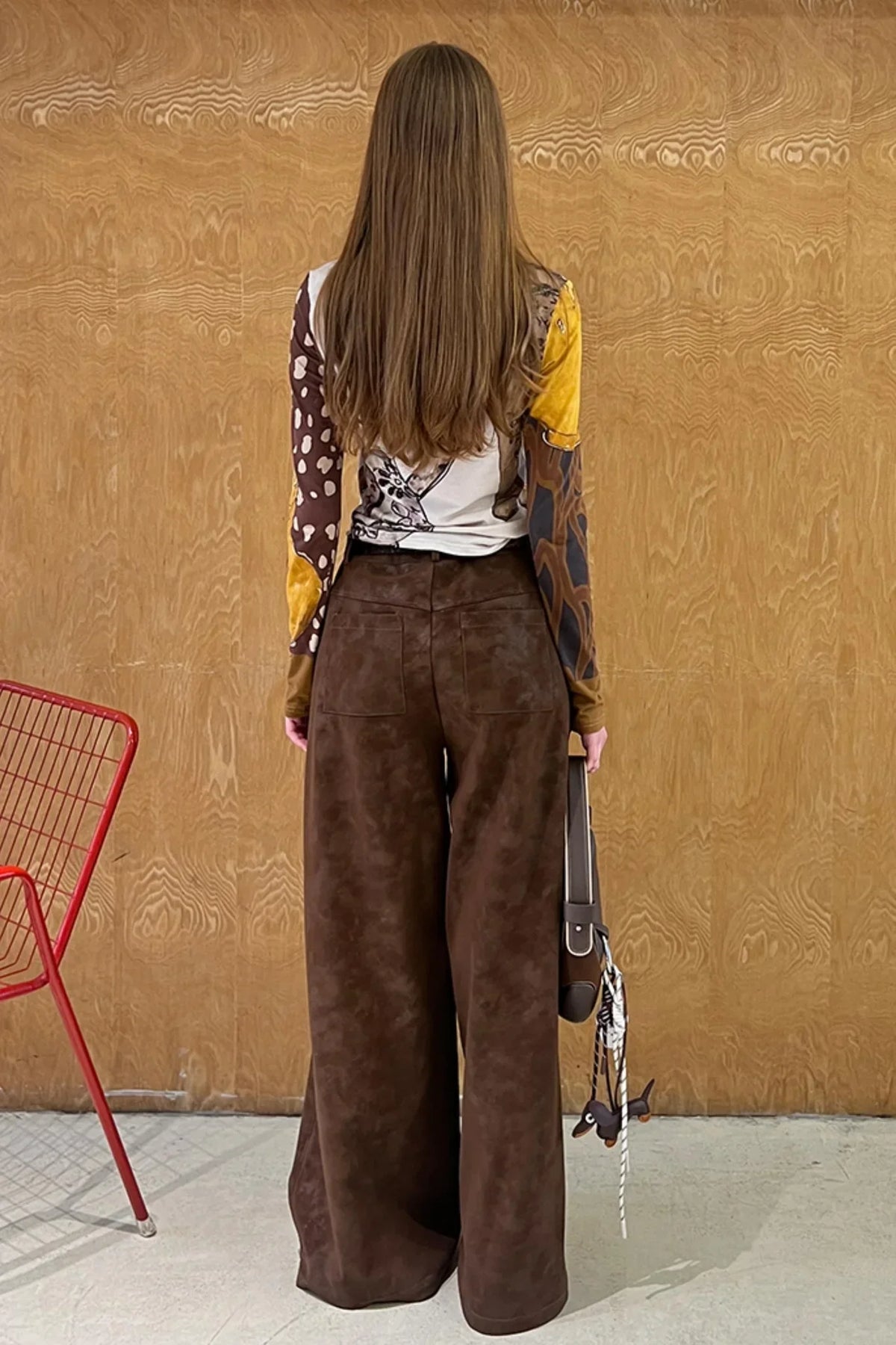 Vintage Embroidered Leather Straight-Leg Pants
