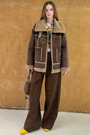 Vintage Embroidered Leather Straight-Leg Pants