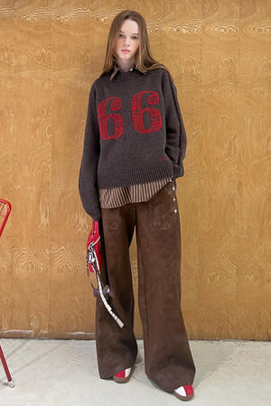 Vintage Embroidered Leather Straight-Leg Pants