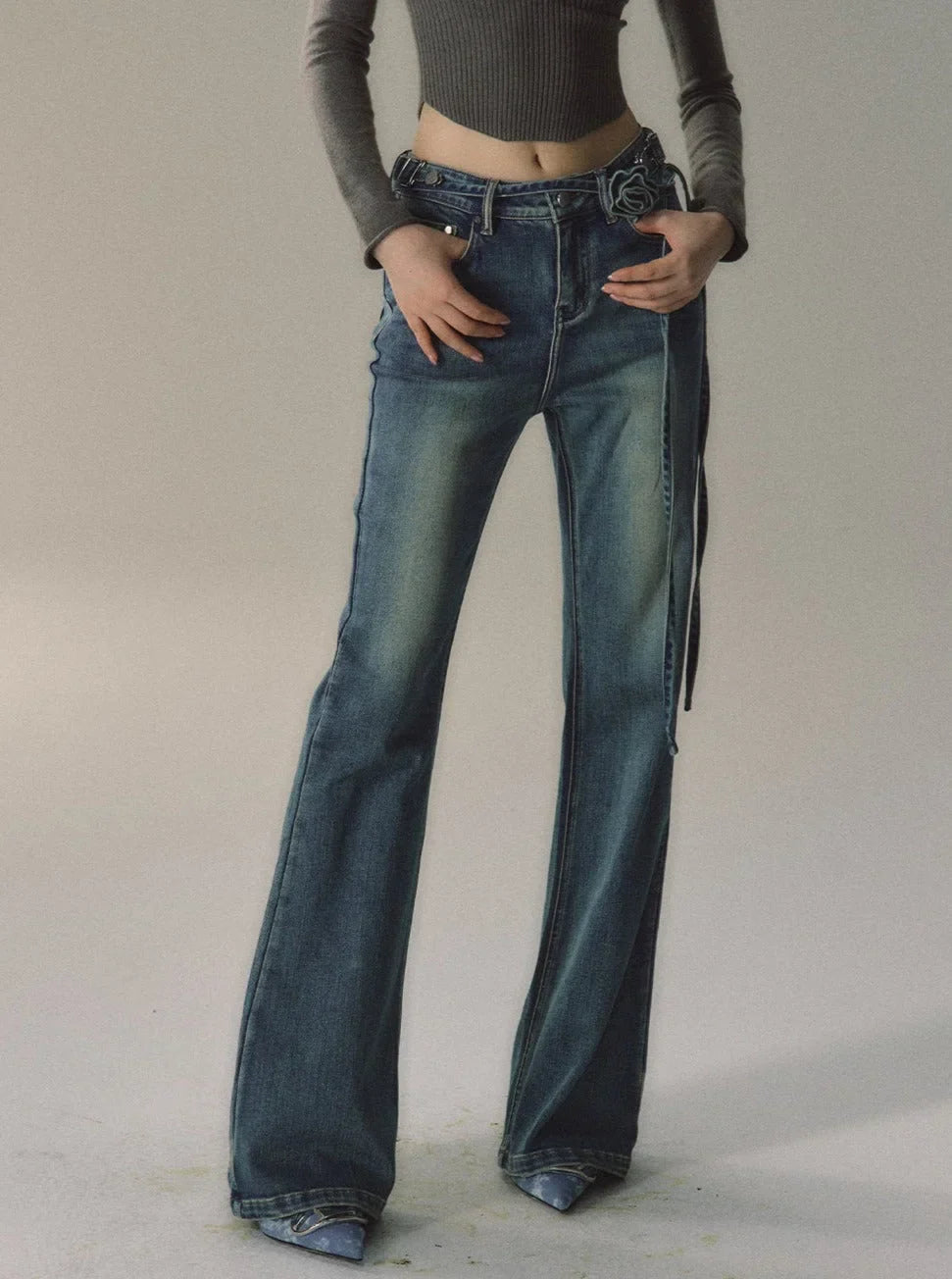Vintage Flared Belt Jeans Pants
