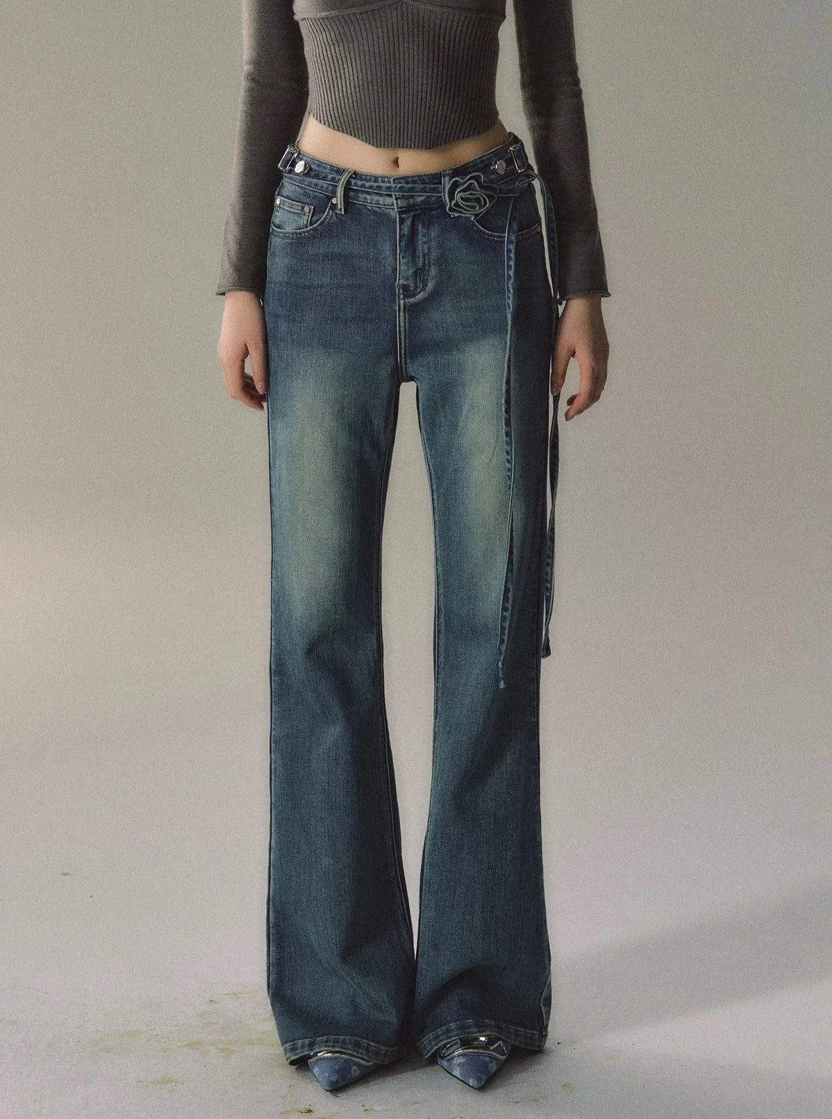 Vintage Flared Belt Jeans Pants