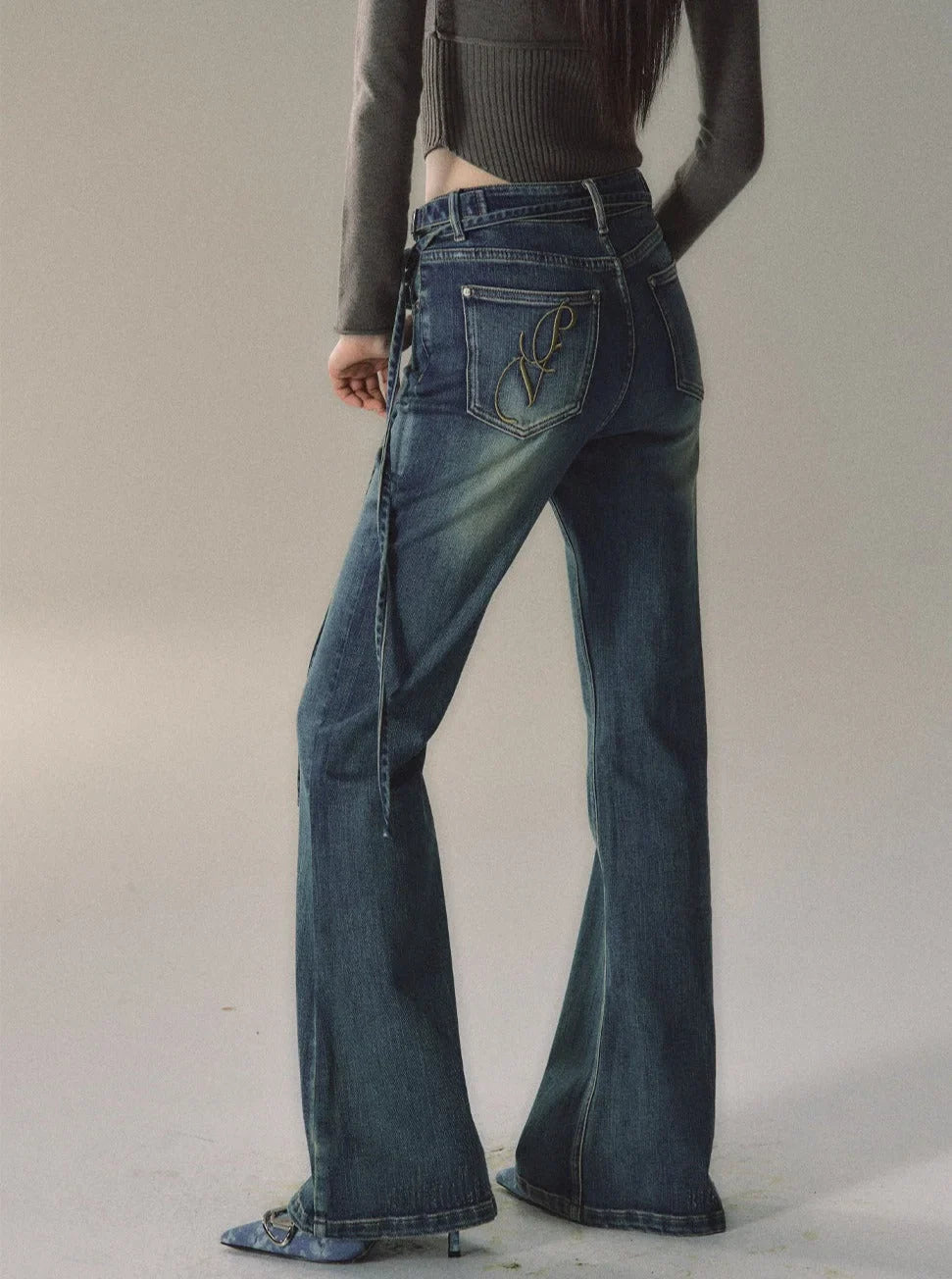 Vintage Flared Belt Jeans Pants