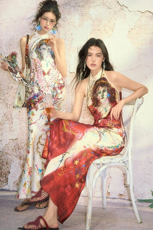 Vintage Hand-Drawn Portrait Halter Maxi Dress