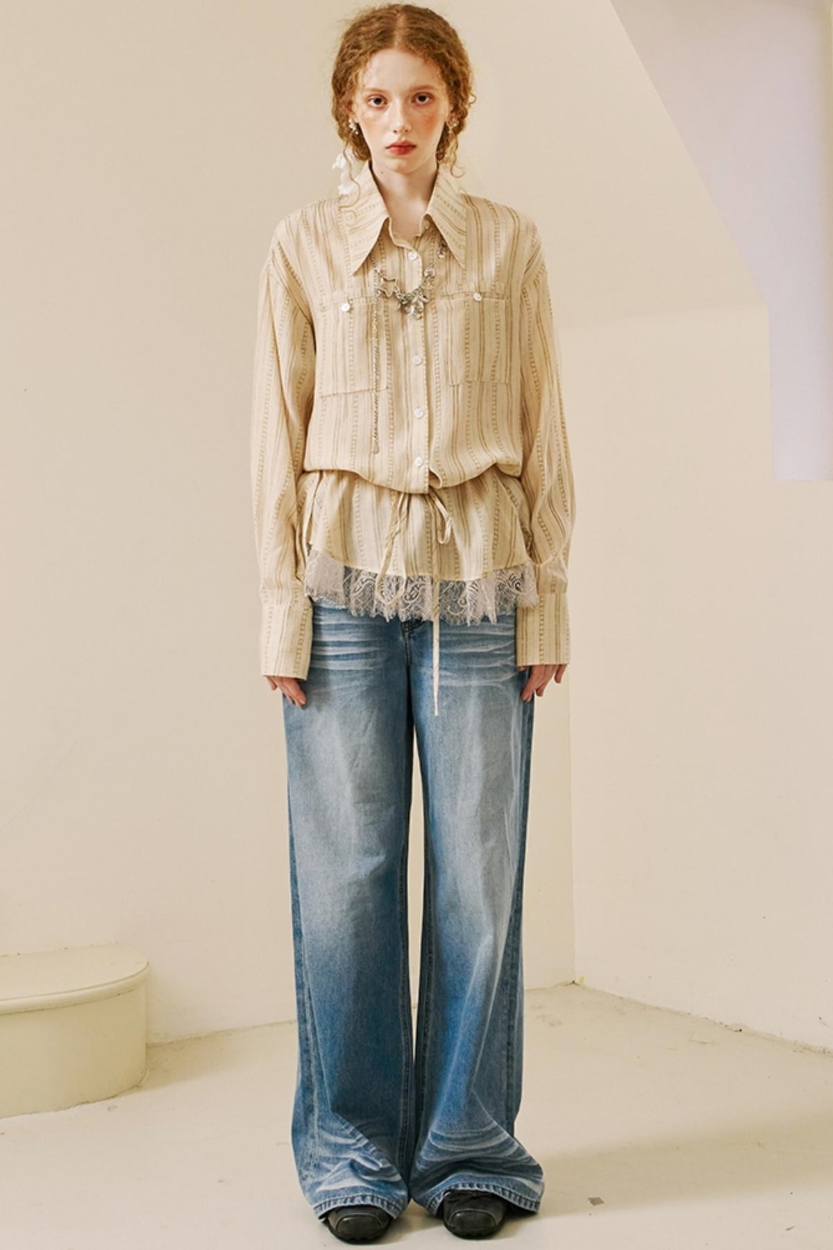 Vintage Lace-Trimmed Drawstring Shirt