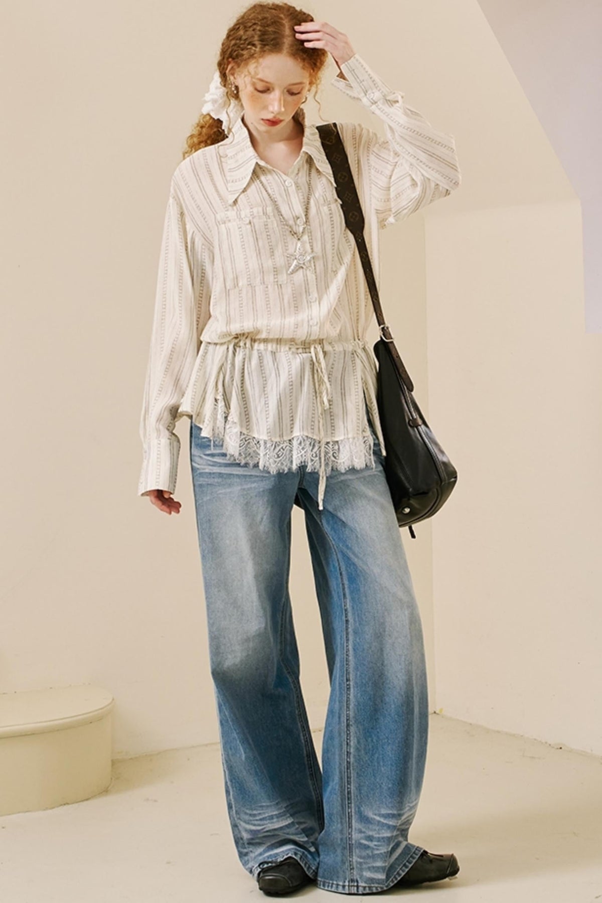 Vintage Lace-Trimmed Drawstring Shirt