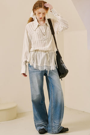 Vintage Lace-Trimmed Drawstring Shirt