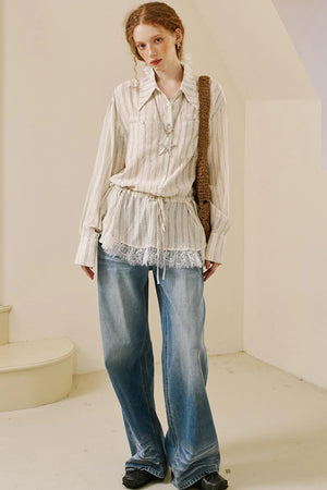 Vintage Lace-Trimmed Drawstring Shirt