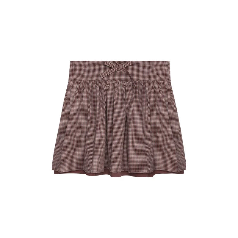 Vintage Lace-Up Plaid Puffy A-Line Skirt