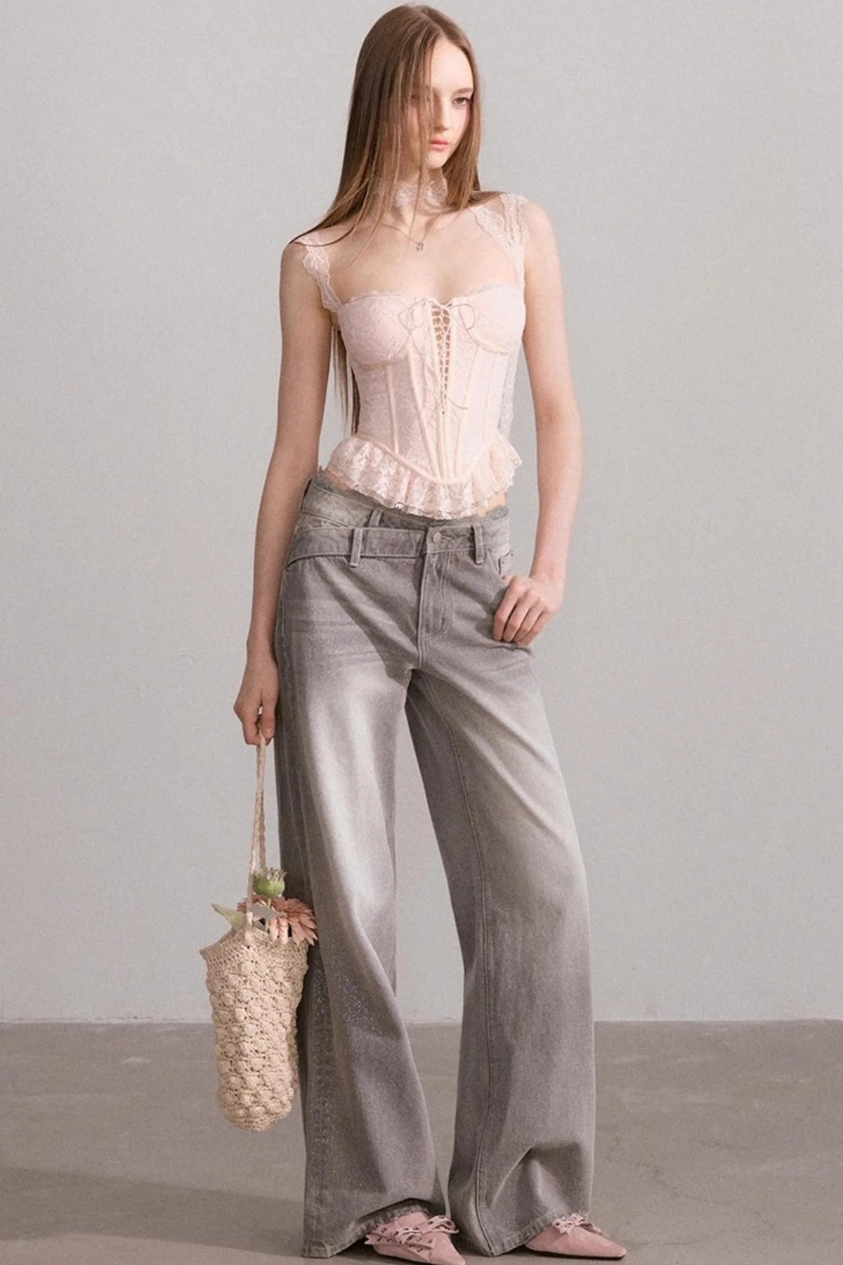 Vintage Lace-Waist Wide-Leg Jeans