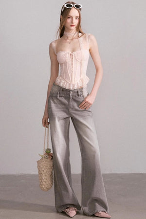 Vintage Lace-Waist Wide-Leg Jeans