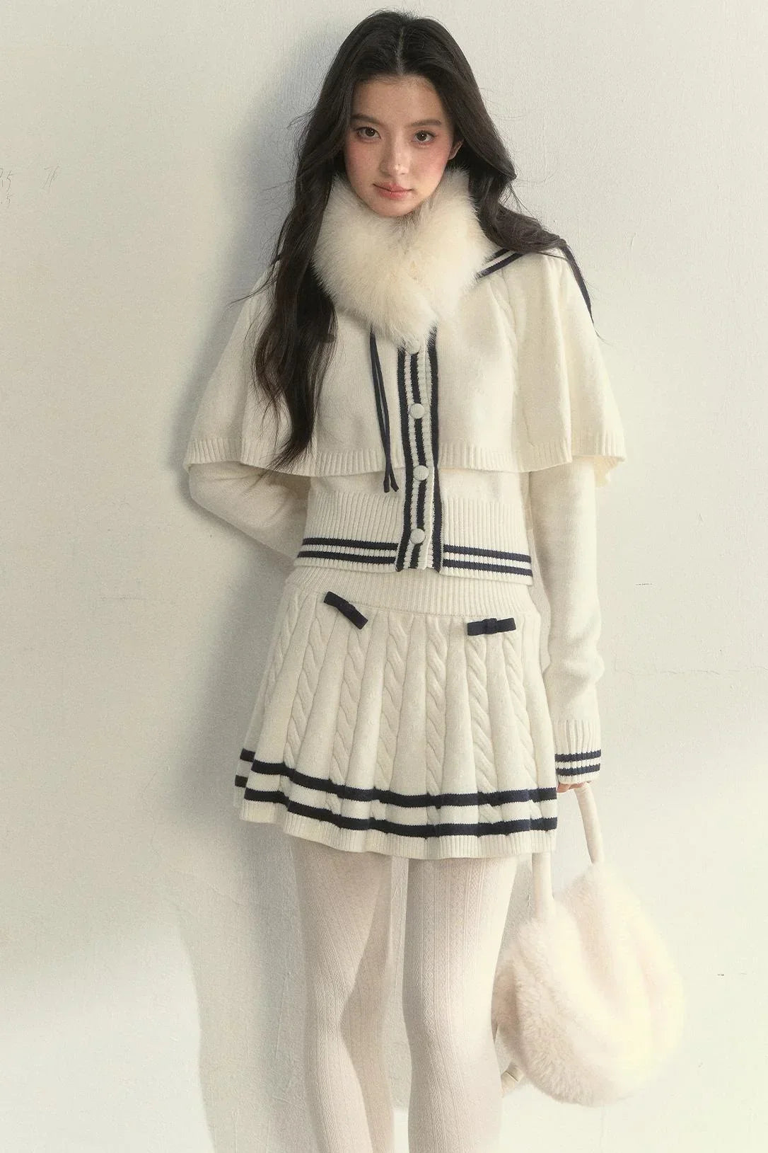 Vintage Navy Twist-Knit Cape Sweater Skirt Set-Up