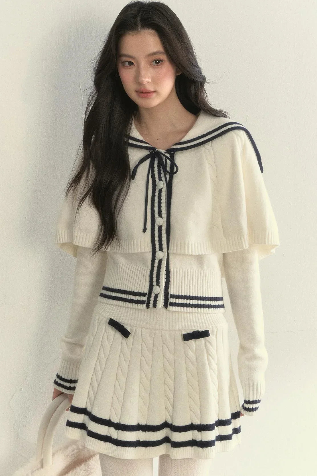 Vintage Navy Twist-Knit Cape Sweater Skirt Set-Up