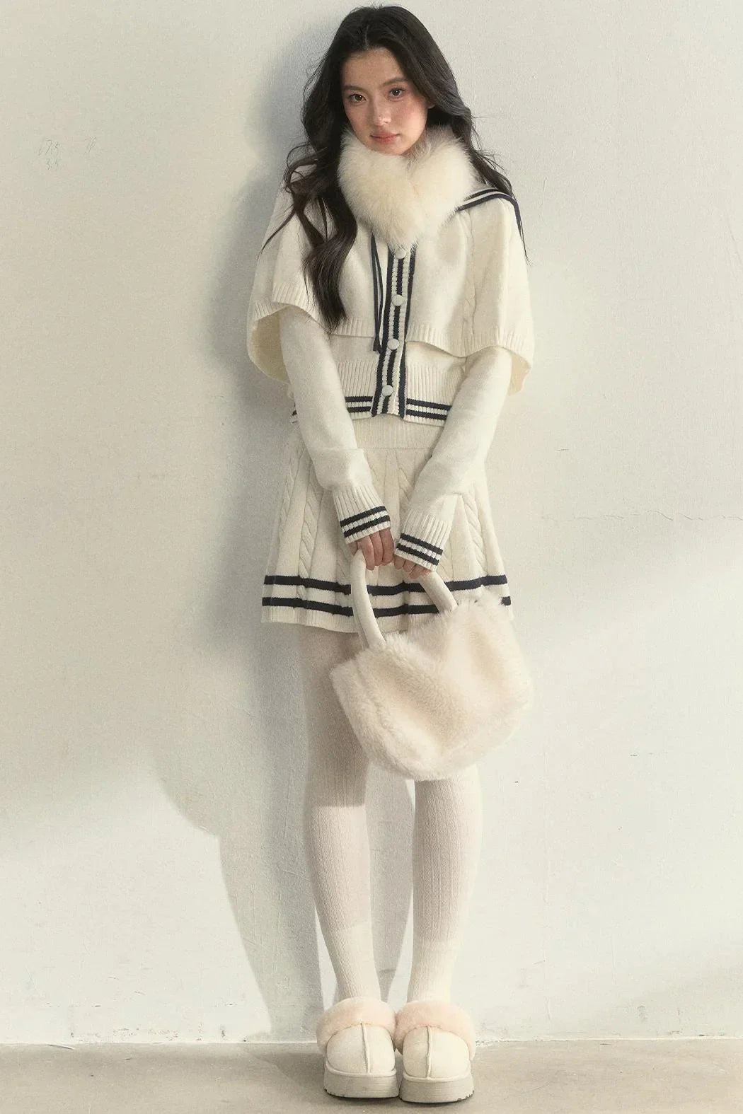 Vintage Navy Twist-Knit Cape Sweater Skirt Set-Up