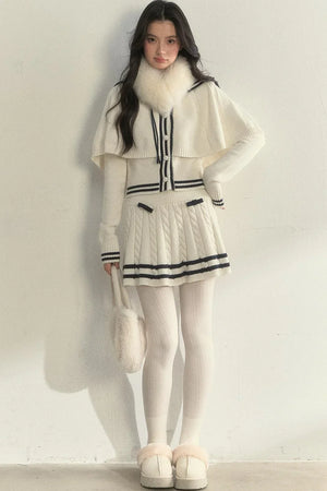 Vintage Navy Twist-Knit Cape Sweater Skirt Set-Up