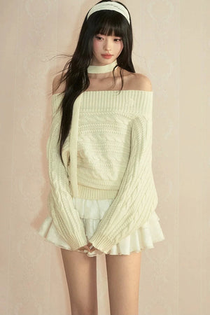 Vintage Off-Shoulder Tie Knit