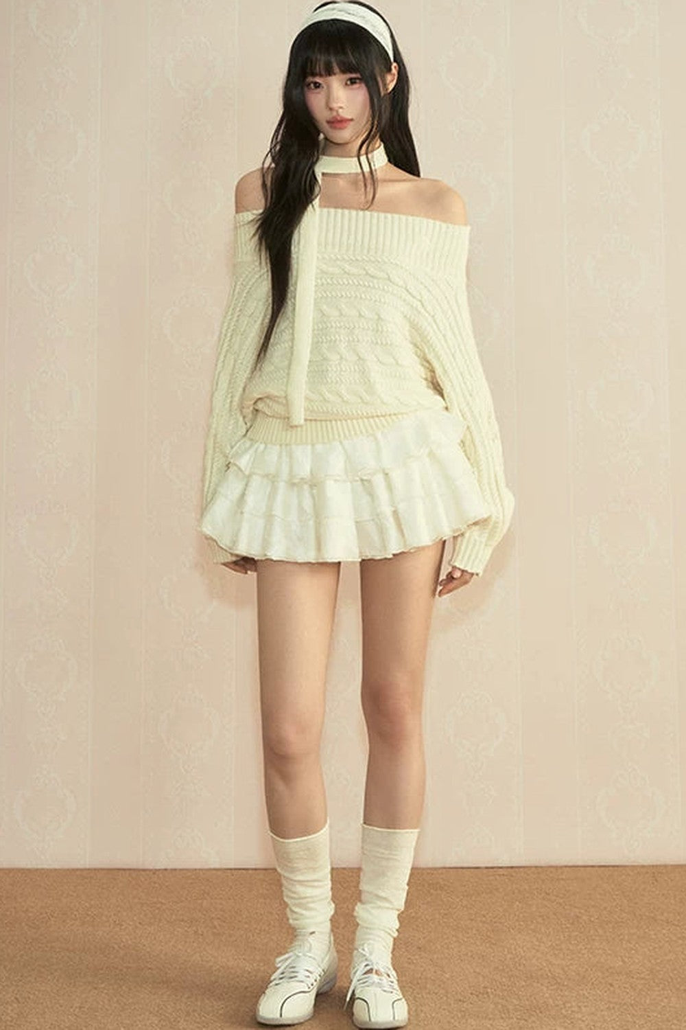 Vintage Off-Shoulder Tie Knit