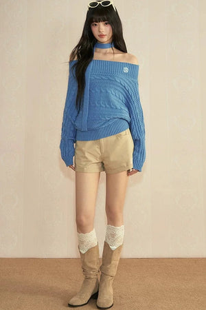 Vintage Off-Shoulder Tie Knit