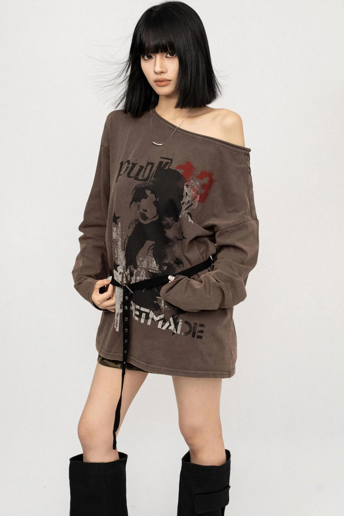 Vintage Off-the-Shoulder Long Sleeve T-Shirt