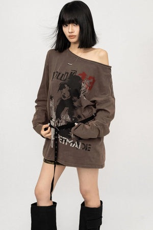 Vintage Off-the-Shoulder Long Sleeve T-Shirt