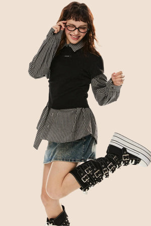 Vintage Plaid Lapel Shirt & Top Set-Up