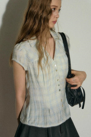 Vintage Plaid Puff Sleeve Blouse