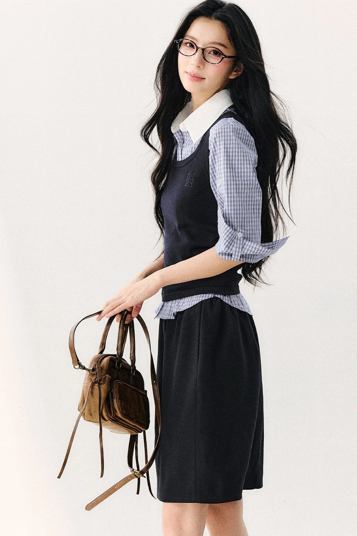 Vintage Plaid Shirt With Vest And Skirt Set-Up