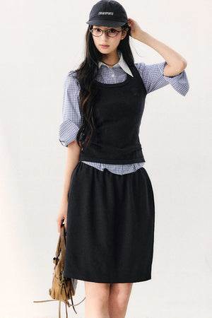 Vintage Plaid Shirt With Vest And Skirt Set-Up