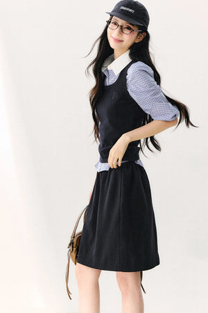 Vintage Plaid Shirt With Vest And Skirt Set-Up
