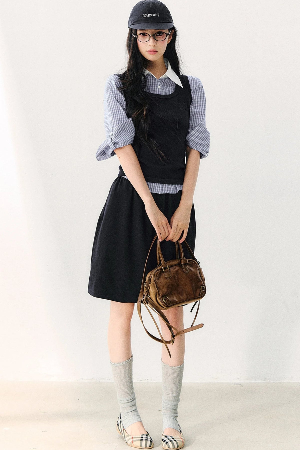 Vintage Plaid Shirt With Vest And Skirt Set-Up