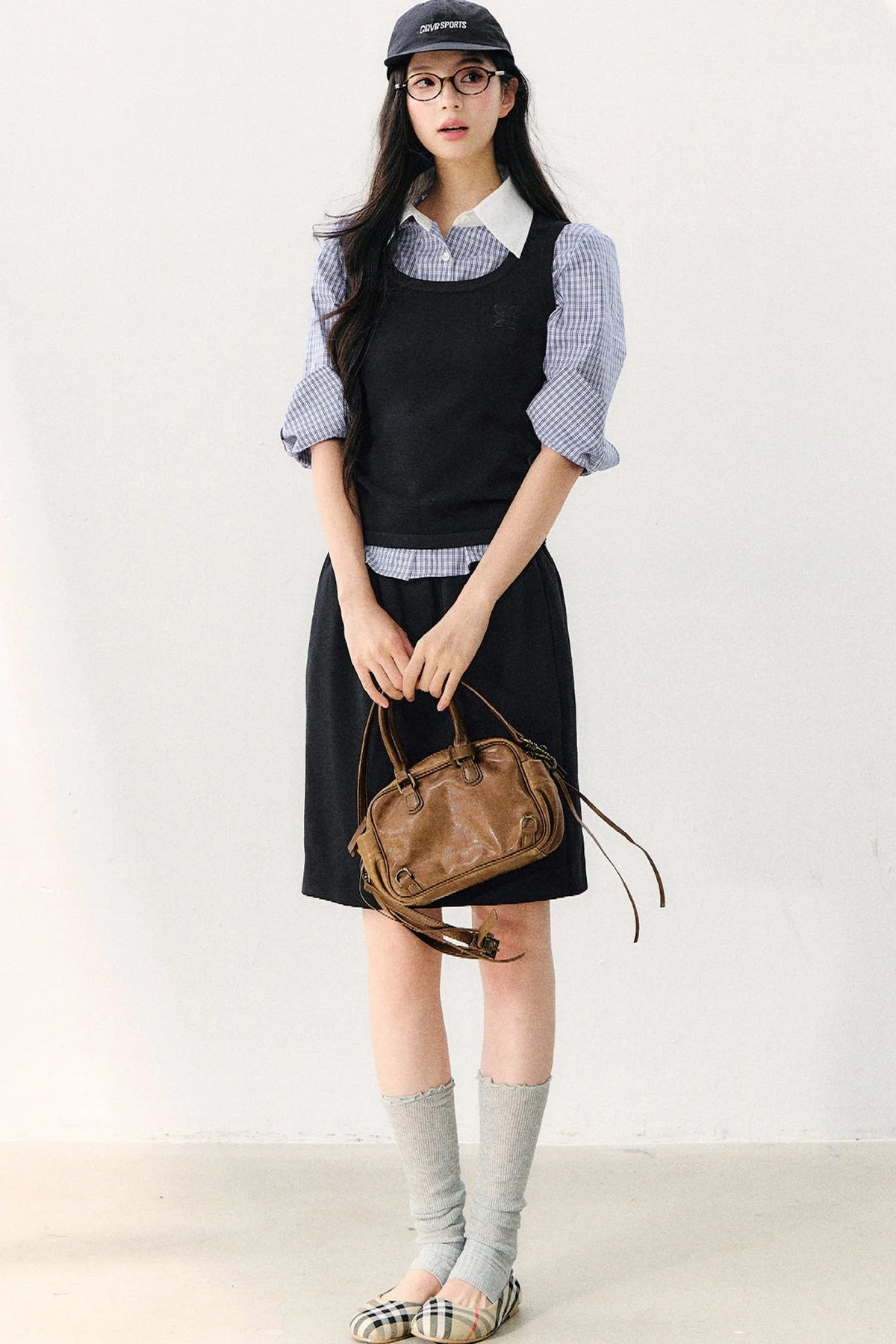 Vintage Plaid Shirt With Vest And Skirt Set-Up