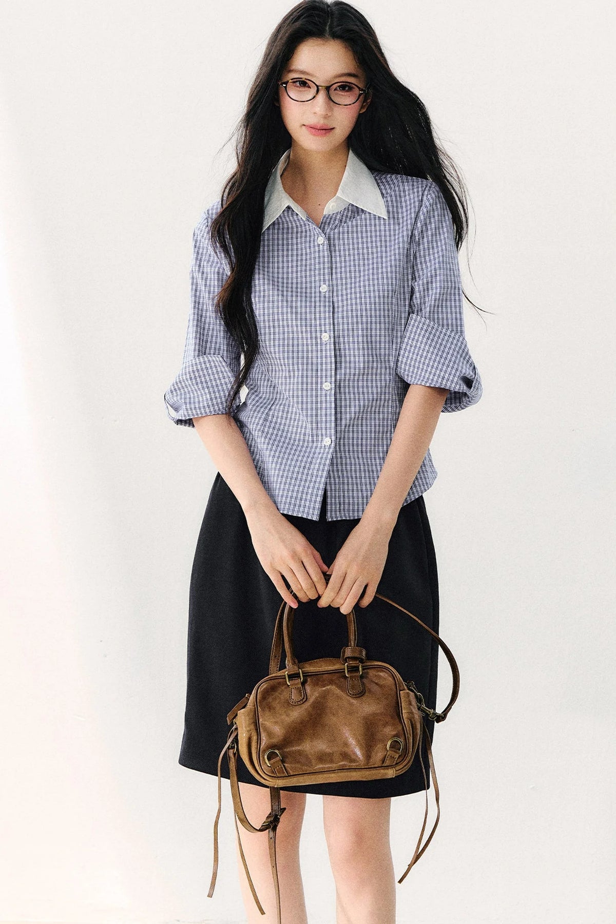 Vintage Plaid Shirt With Vest And Skirt Set-Up