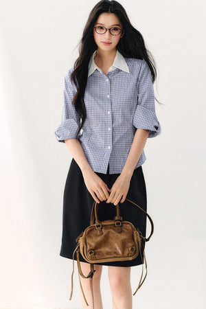 Vintage Plaid Shirt With Vest And Skirt Set-Up