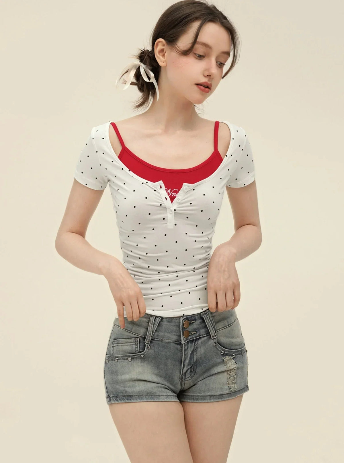 Vintage Polka Dot Slim Camisole Top Set-Up
