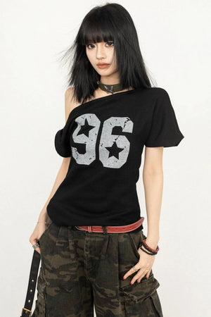 Vintage Print Slant-Shoulder T-Shirt