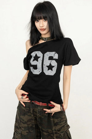 Vintage Print Slant-Shoulder T-Shirt