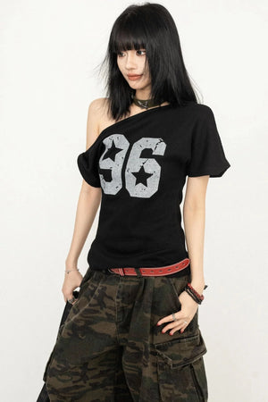 Vintage Print Slant-Shoulder T-Shirt
