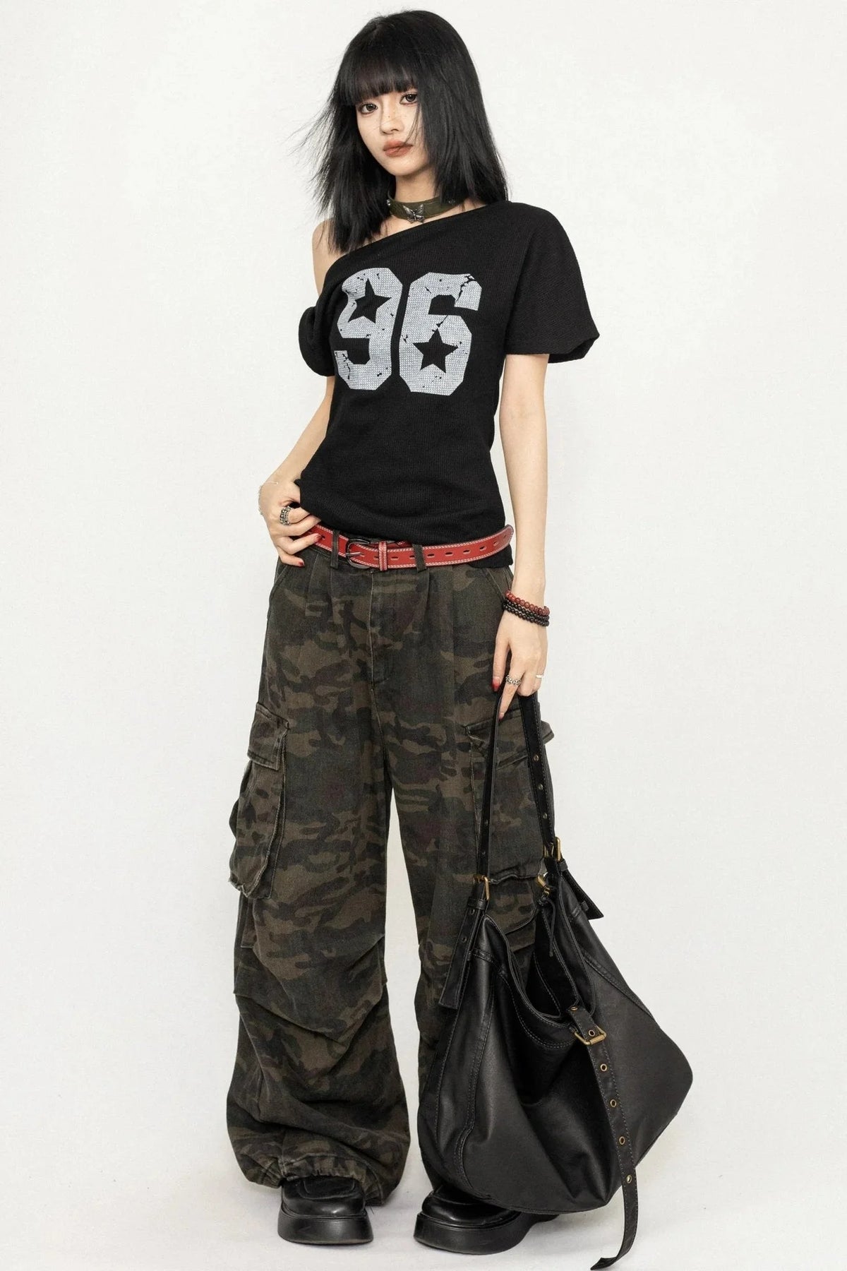 Vintage Print Slant-Shoulder T-Shirt