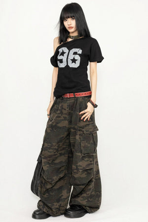 Vintage Print Slant-Shoulder T-Shirt