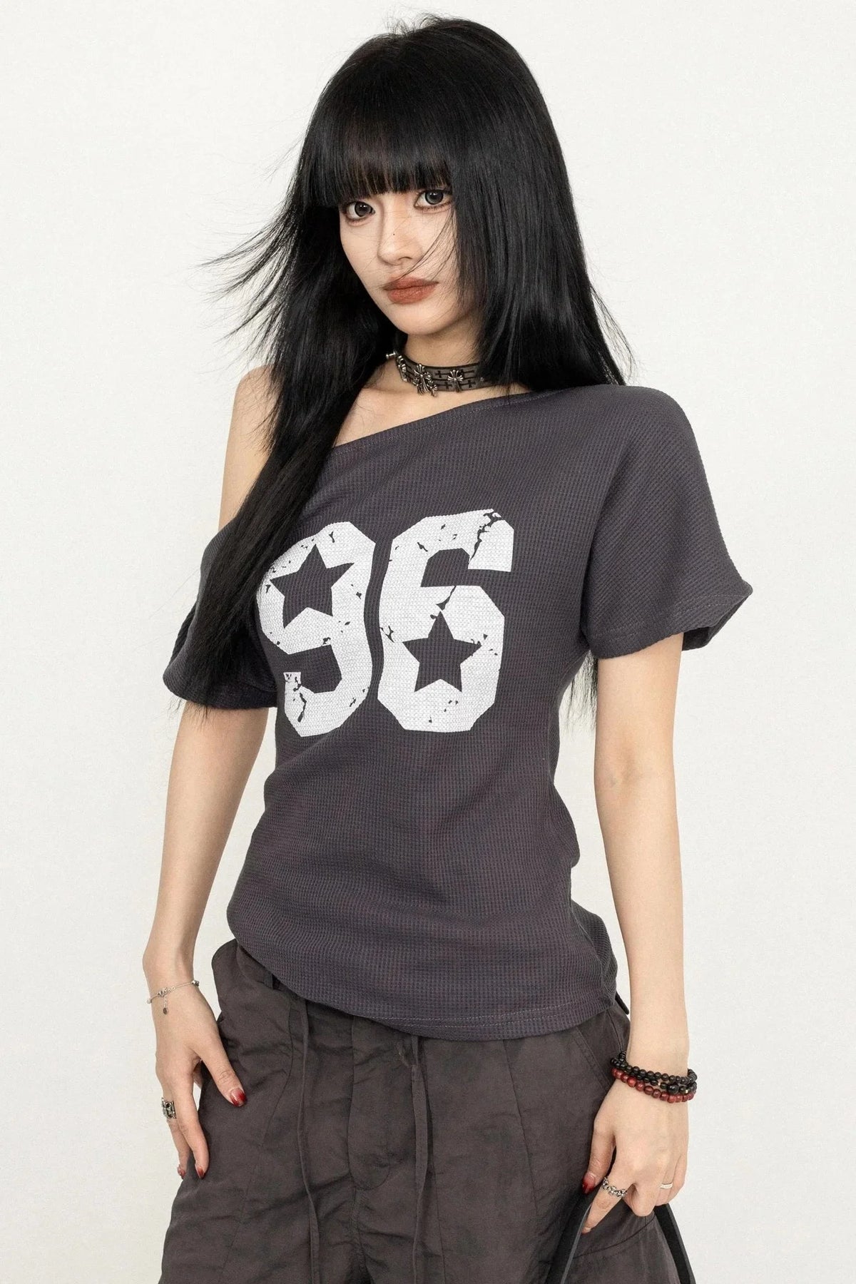 Vintage Print Slant-Shoulder T-Shirt