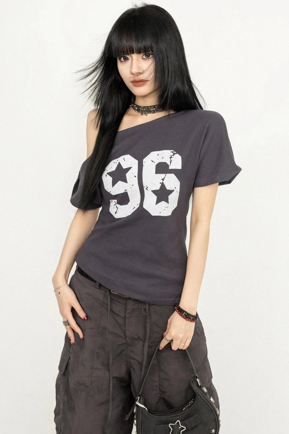 Vintage Print Slant-Shoulder T-Shirt
